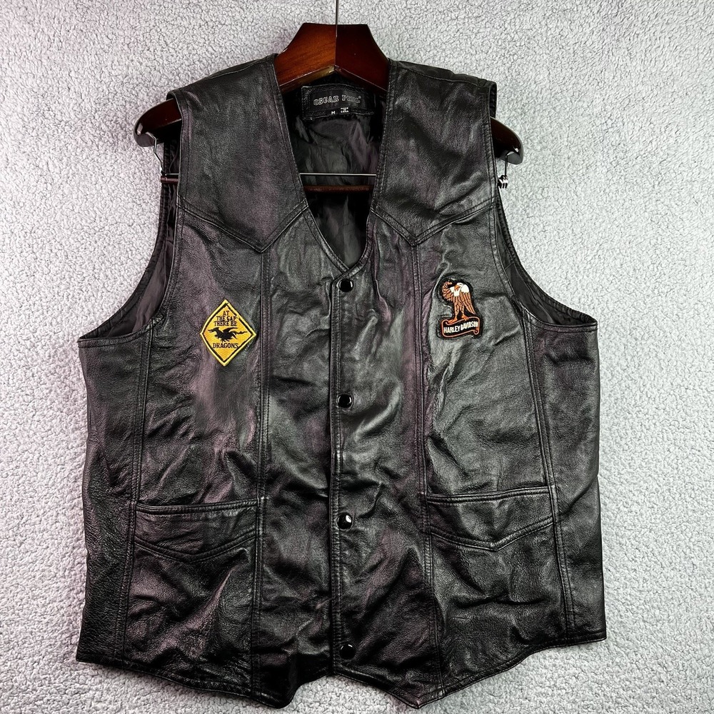 Oscar Piel Mens Leather Vest Black Usa Eagle Waist Length V Neck L‎ M